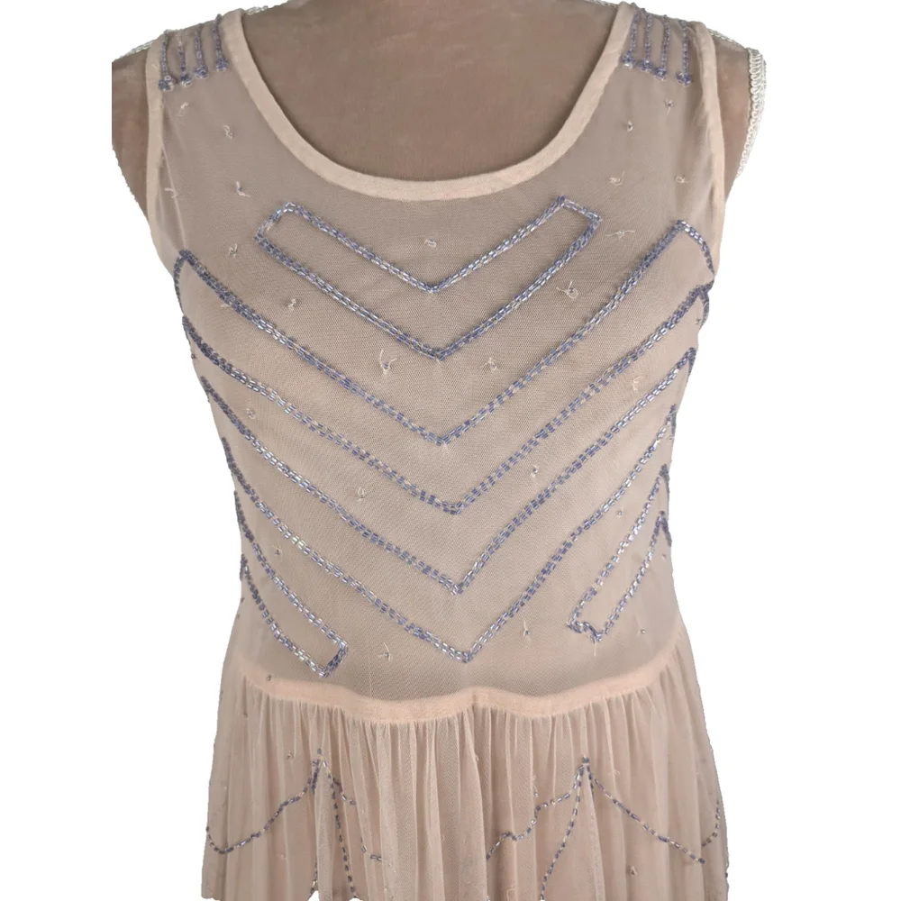 Two Free People Embellished Mesh Mini Dress XS Beaded Pink Blue Y2K Boho Glam